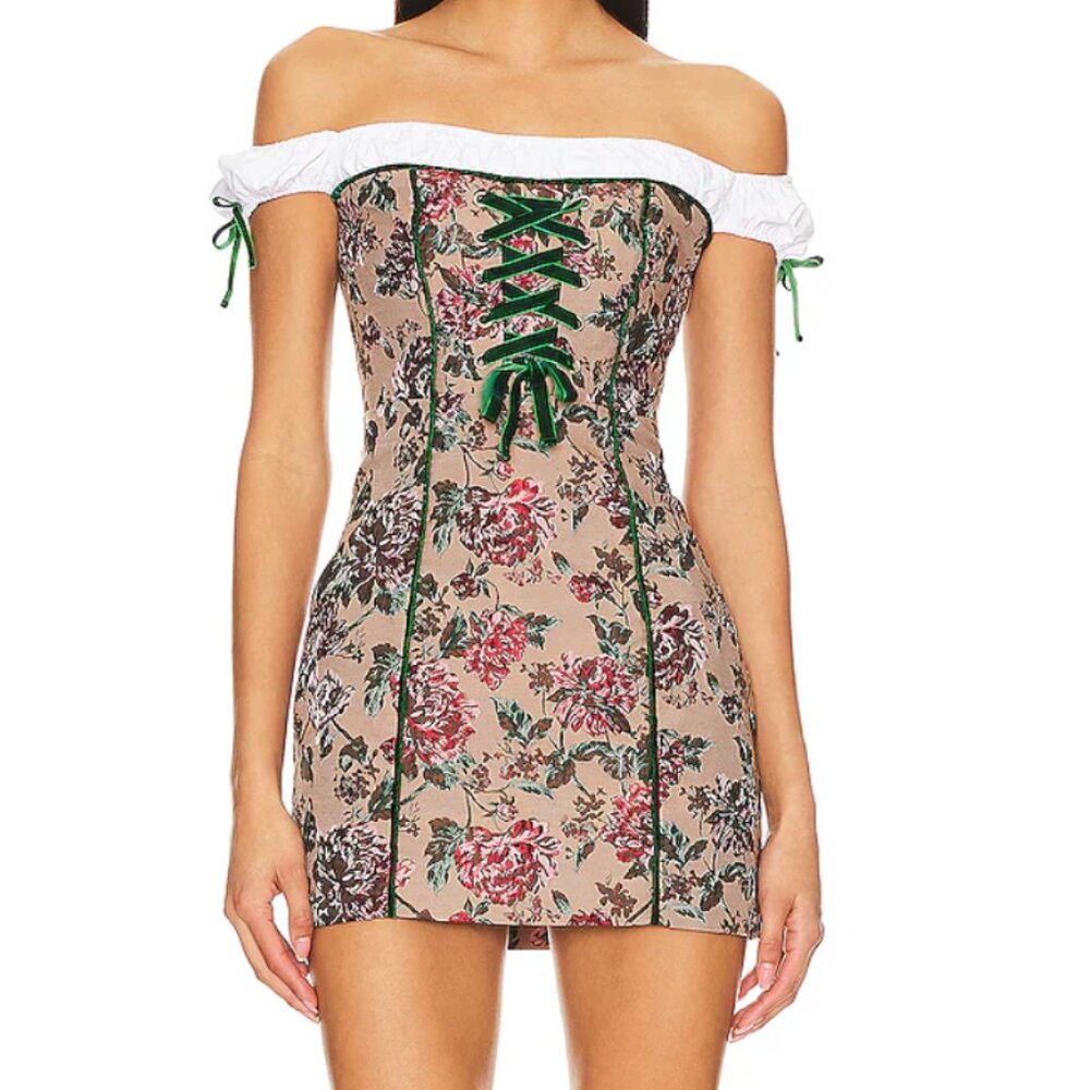 MAJORELLE Off-Shoulder Floral Lace-Up Mini Dress in Beige, Pink and Green
